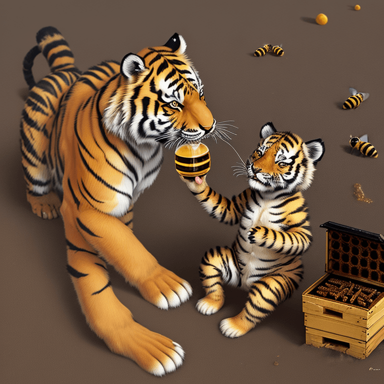 AI generated: Tiger cub on the Moon eating honey from a bee hive