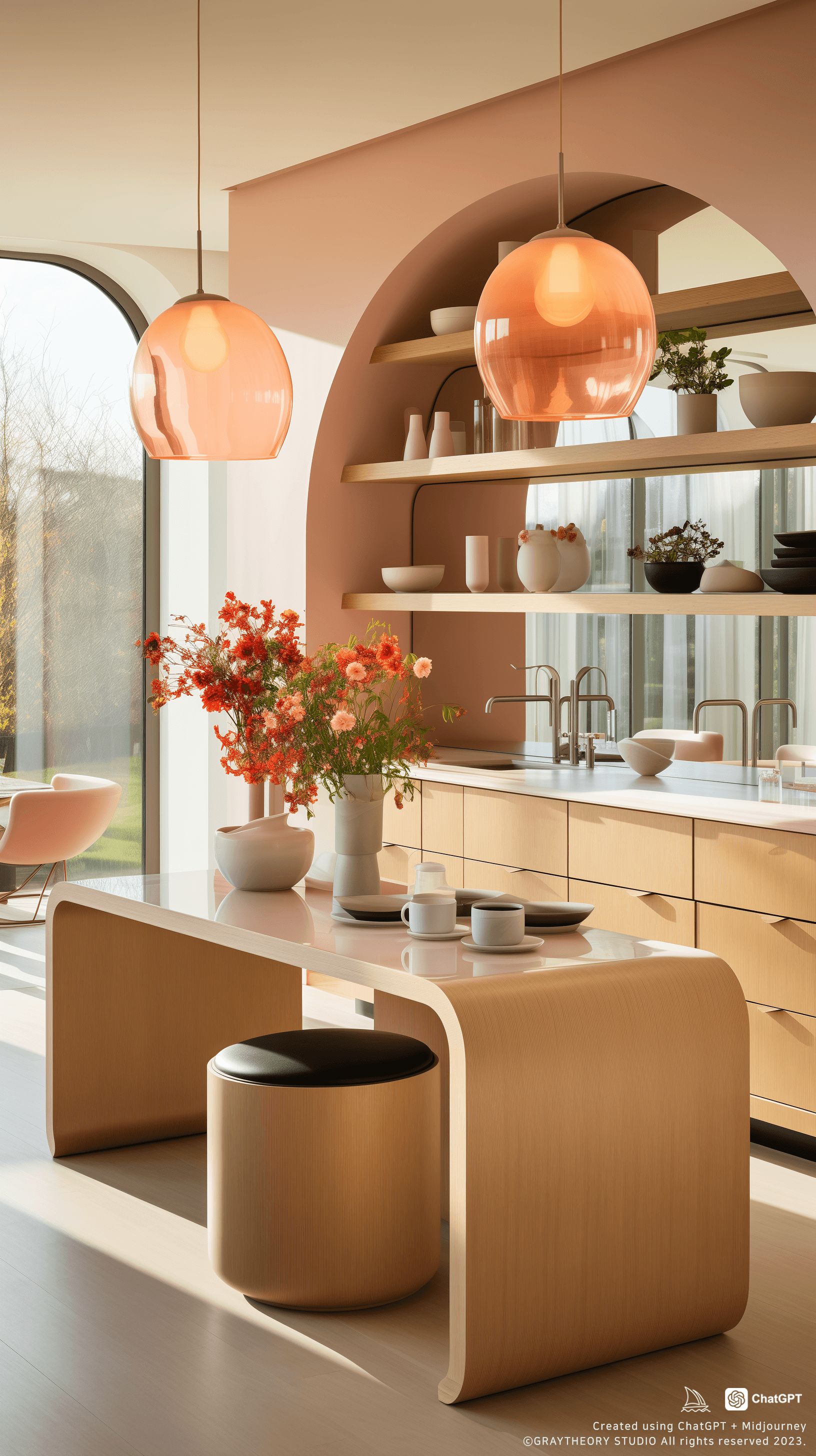 AI generated: mirrors in a kitchen with white walls, in the style, minimalist outlines, light pink and dark beige,...