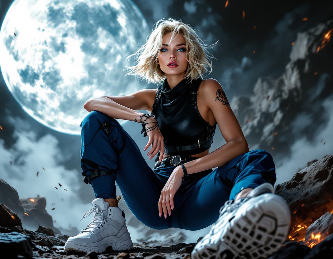 AI generated: in the style of frank Cho, comic book style, 8K wallpaper. Low view of a stunning female warrior fro...