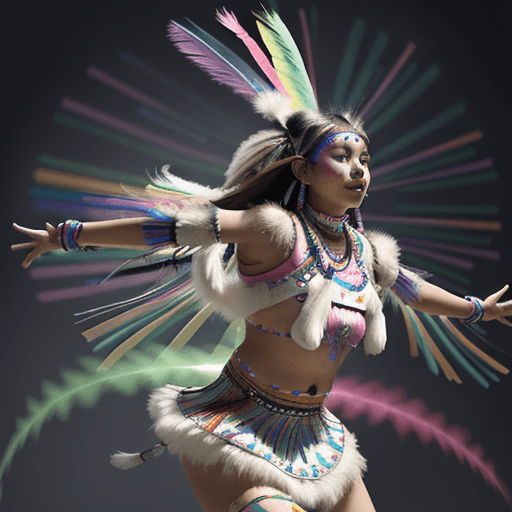 AI generated: A girl Cree tribal dancer in full pow wow outfit, dances with motion and flow, wearing rainbow neon ...
