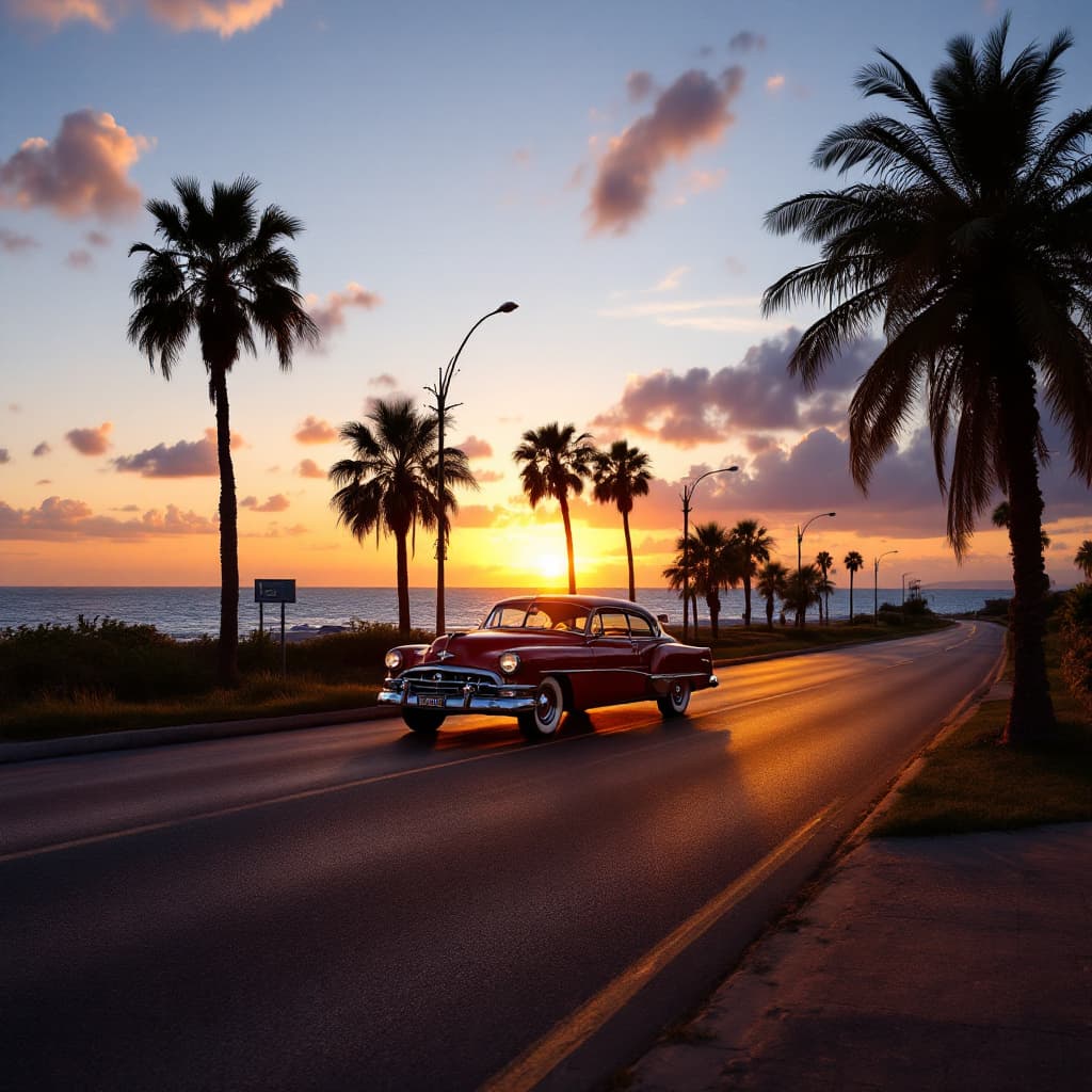 AI generated: A vintage car on a coaltar street, ((beautiful sunset)), palmtree seasie in the background