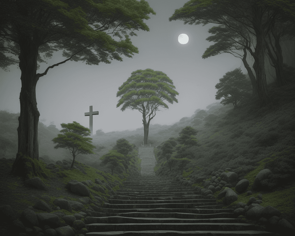 AI generated: rocky hill full of long green trees with stairs going up to the top where there is a wooden cross Vi...