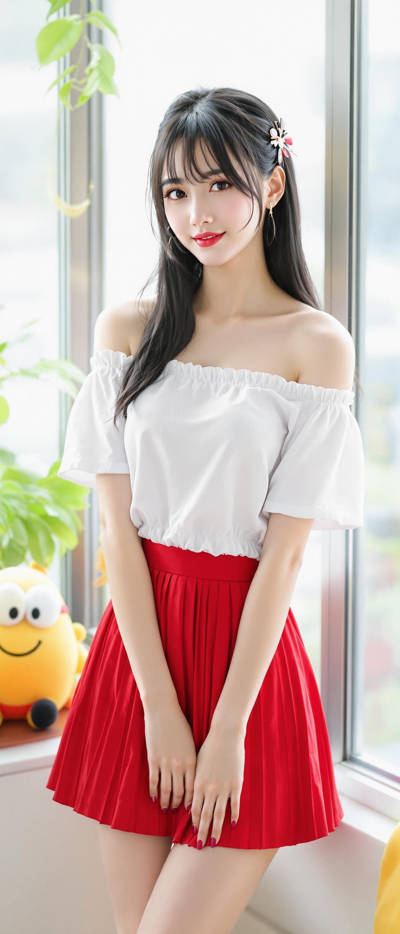 AI generated: a woman Koren girl, full body, Koren ulzzang face, standing near the window, the looking at viewer, ...