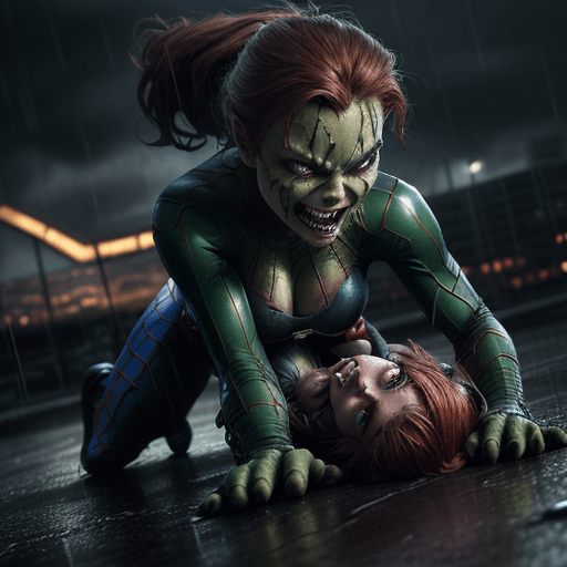 AI generated: A highly realistic, cinematic photograph capturing a dramatic scene where a battle-worn Super-Girl i...