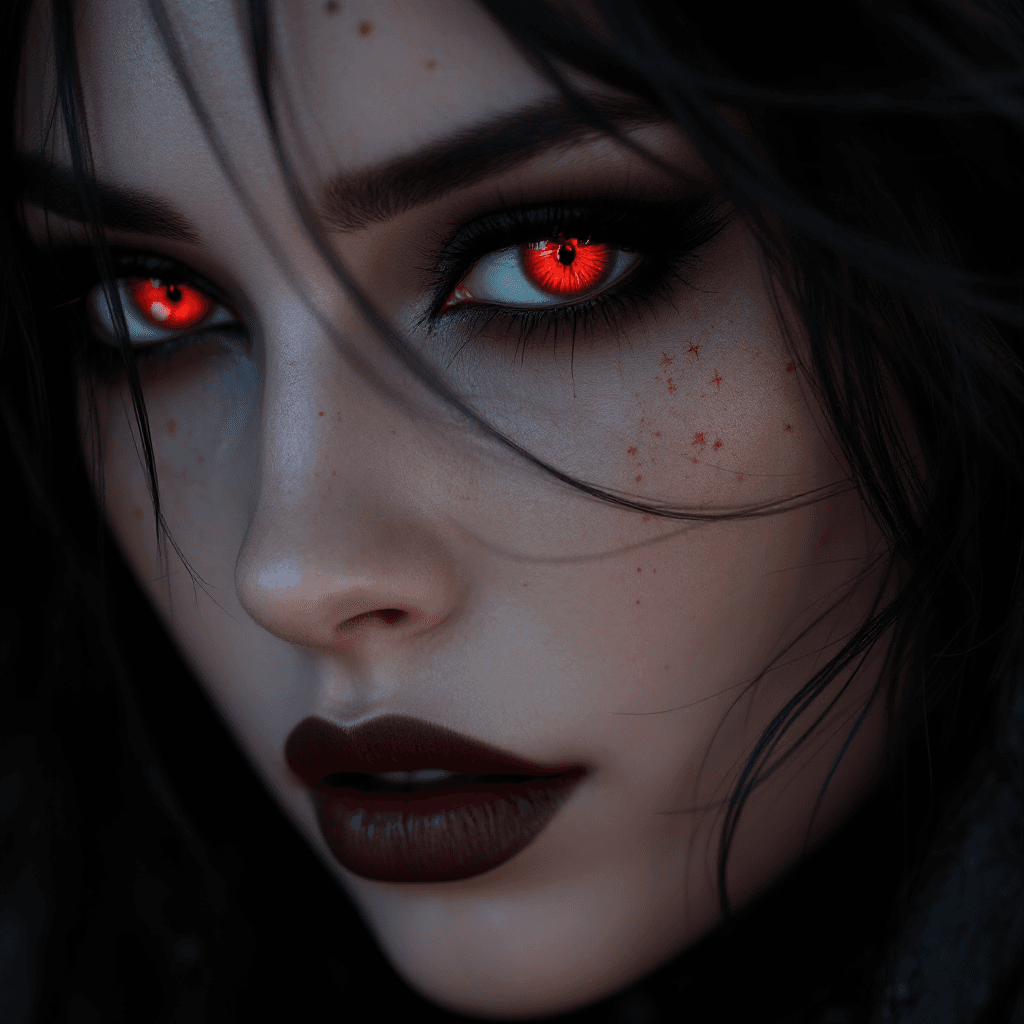 AI generated: a woman with red eyes, black goth makeup, in the style of realism with fantasy elements, daz3d, fine...