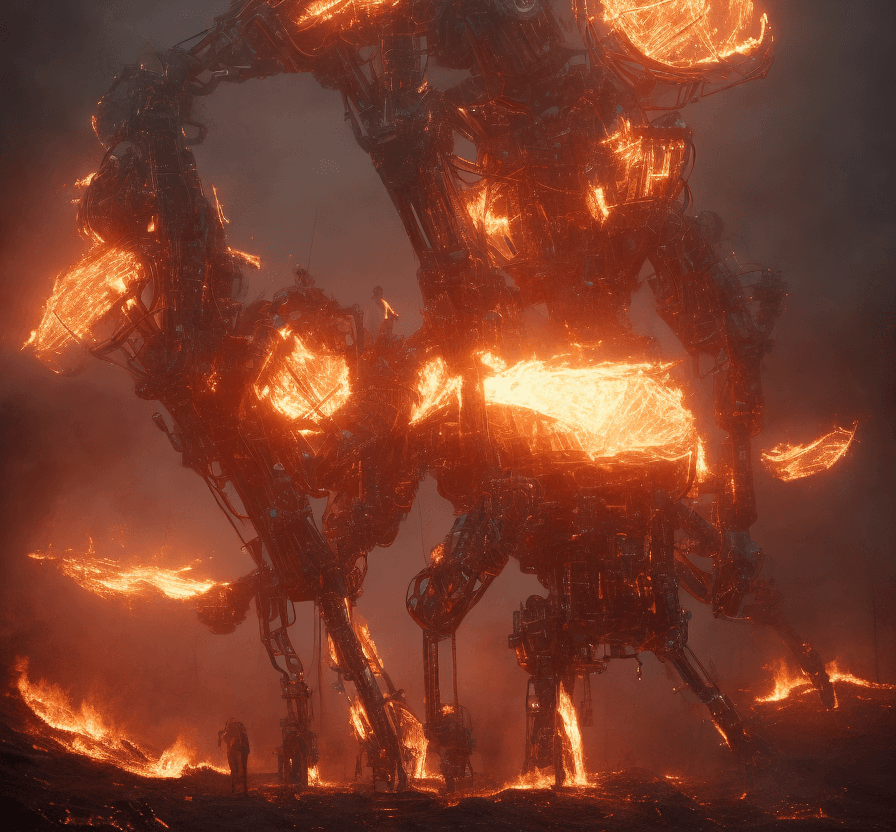 AI generated: 2  iron Mech are walking thru the big fire  . Electric sparks. s. 8k, intricate detail, photorealist...