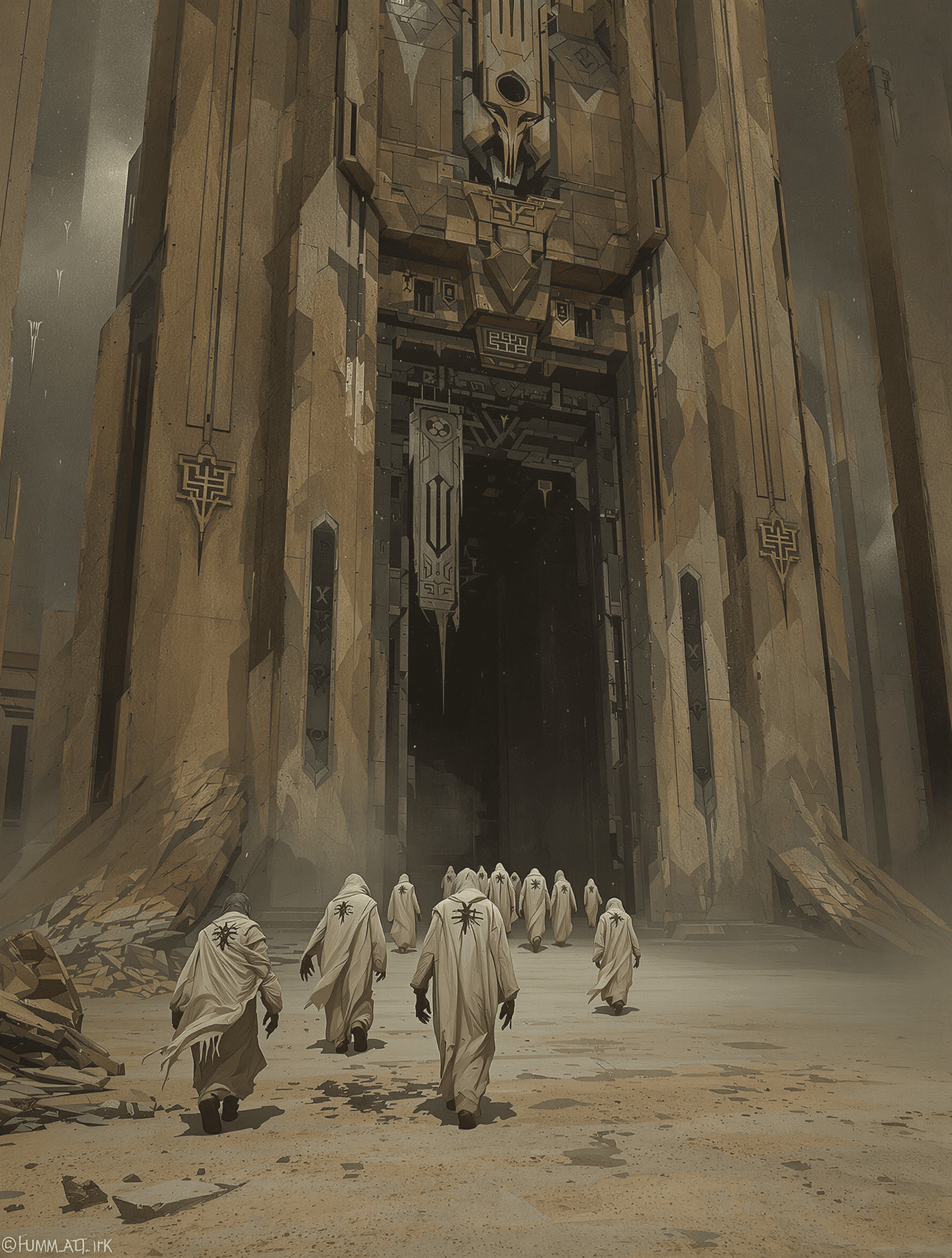 AI generated: /Artprompt Sci-fi, create a dystopian futuristic scene depicting (a group of strange mystical beings...