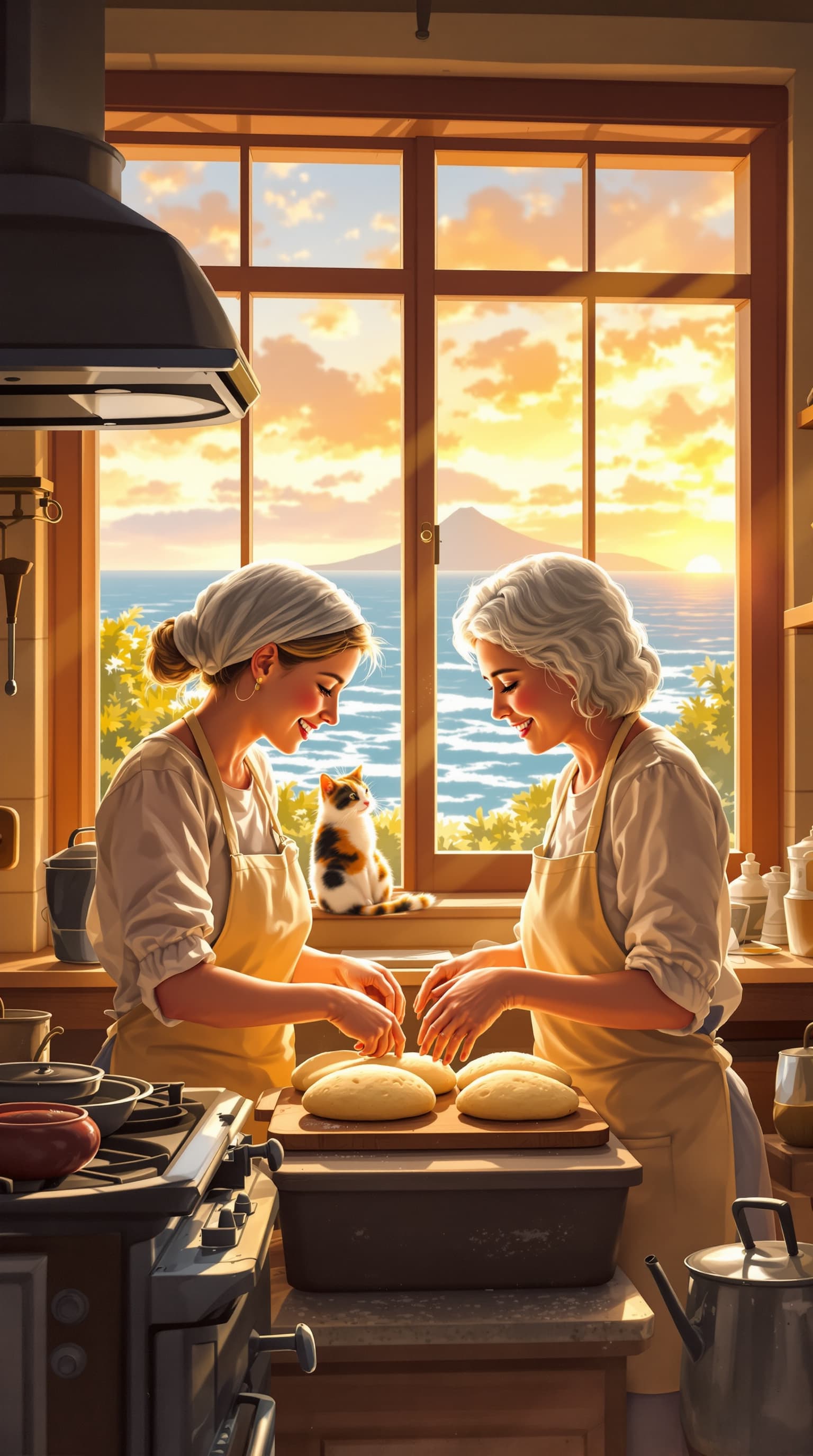 AI generated: A beautiful heart warming illustration of a grandmother and her granddaughter making dough for bread...