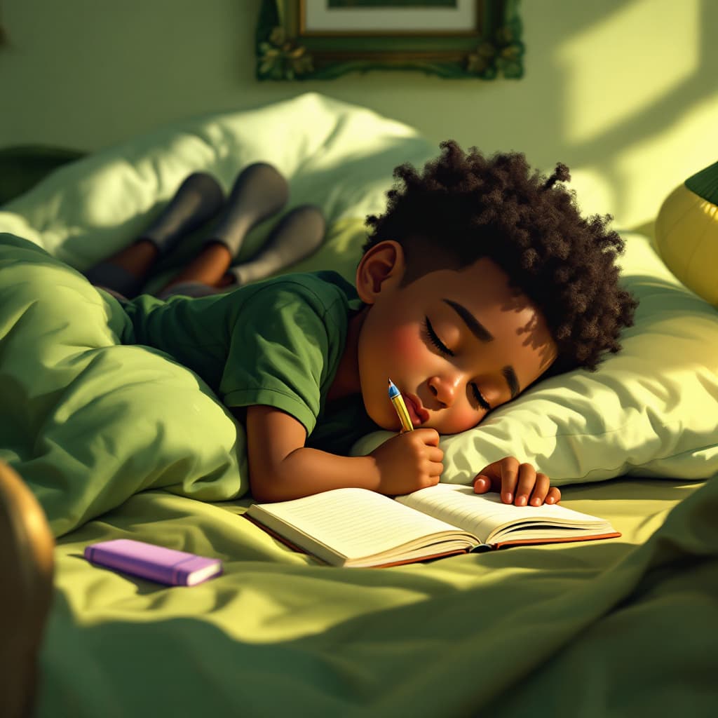 AI generated: Acrylic art of a cute young African American boy dressed in green jeans and a green shirt, no shoes,...