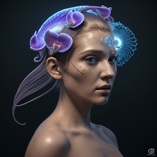 AI generated: Goddess close-up portrait ribcagel. jellyfish phoenix head, nautilus, orchid, skull, betta fish, bio...