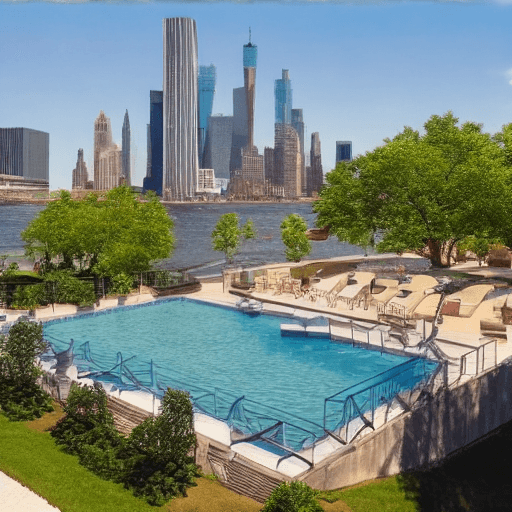 AI generated: A very realistic villia in statue of liberty，with a fancy swimming pool, back ground: stunning sunsh...