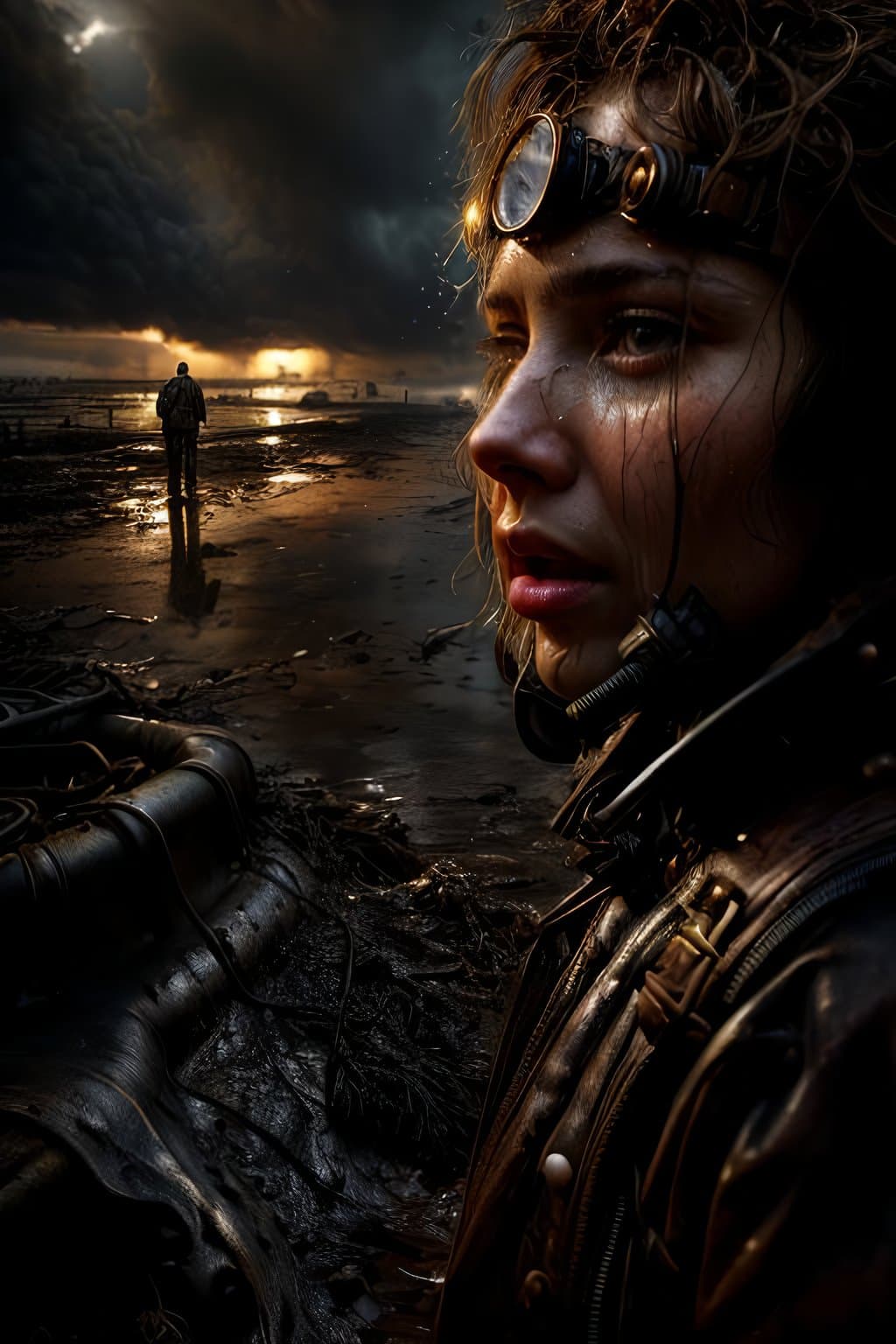 AI generated: hyper real photo. Detailed face and skin texture. Man/Woman wearing leather steampunk boiler suits a...