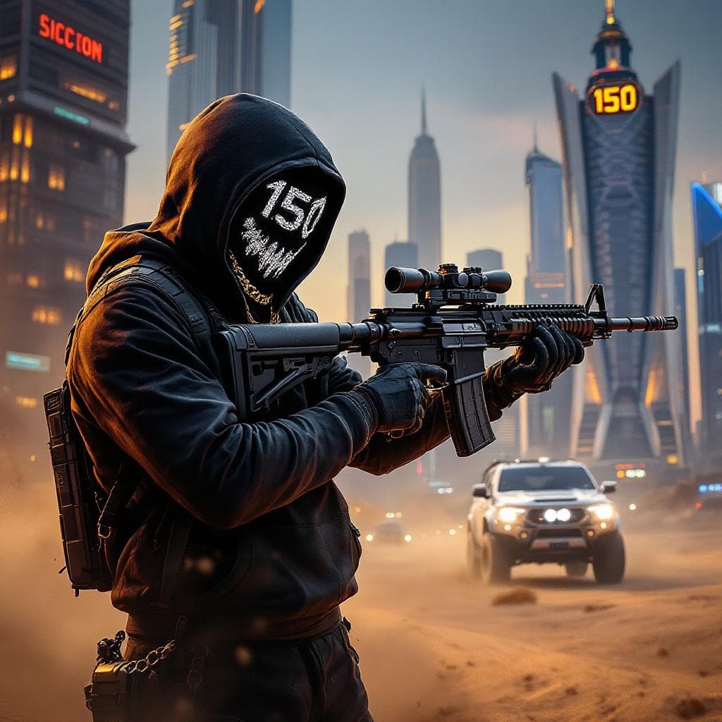 AI generated: black ops theme wearing face mask holding ak-47 dark theme, wearing diamond chains on emblem "150" f...