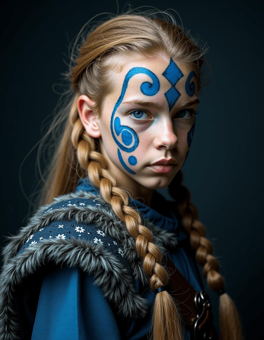 AI generated: hyperrealistic style, portrait photo of a teen boy (Viking warrior:1.3), viking runes make up, blue ...