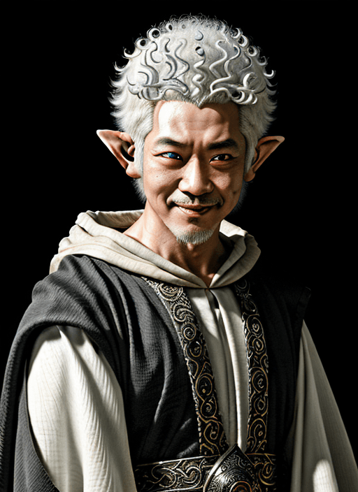 AI generated: High resolution fantasy portrait, middle aged asian male elf, elven ears, large curly white afro, pa...