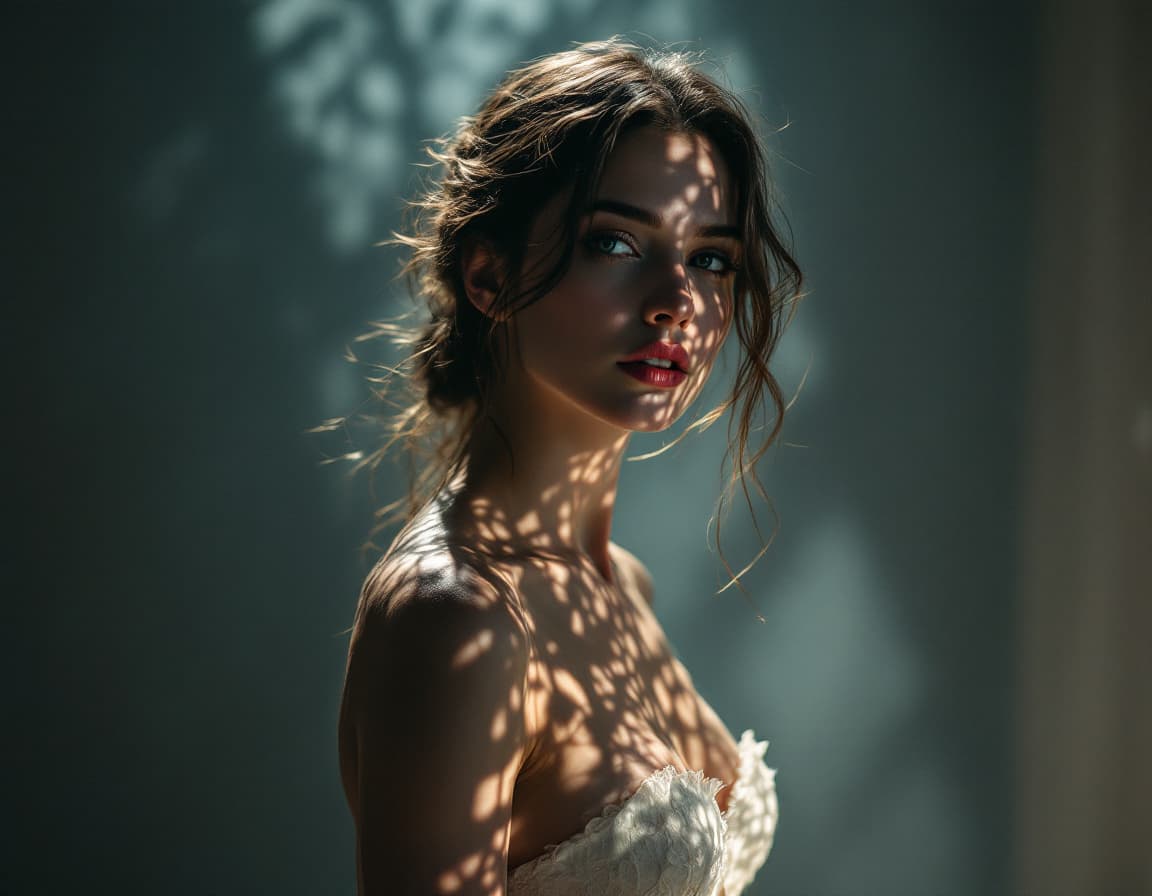 AI generated: An ethereal woman bathed in complex light and shadow, standing gracefully in a dimly lit room. The l...