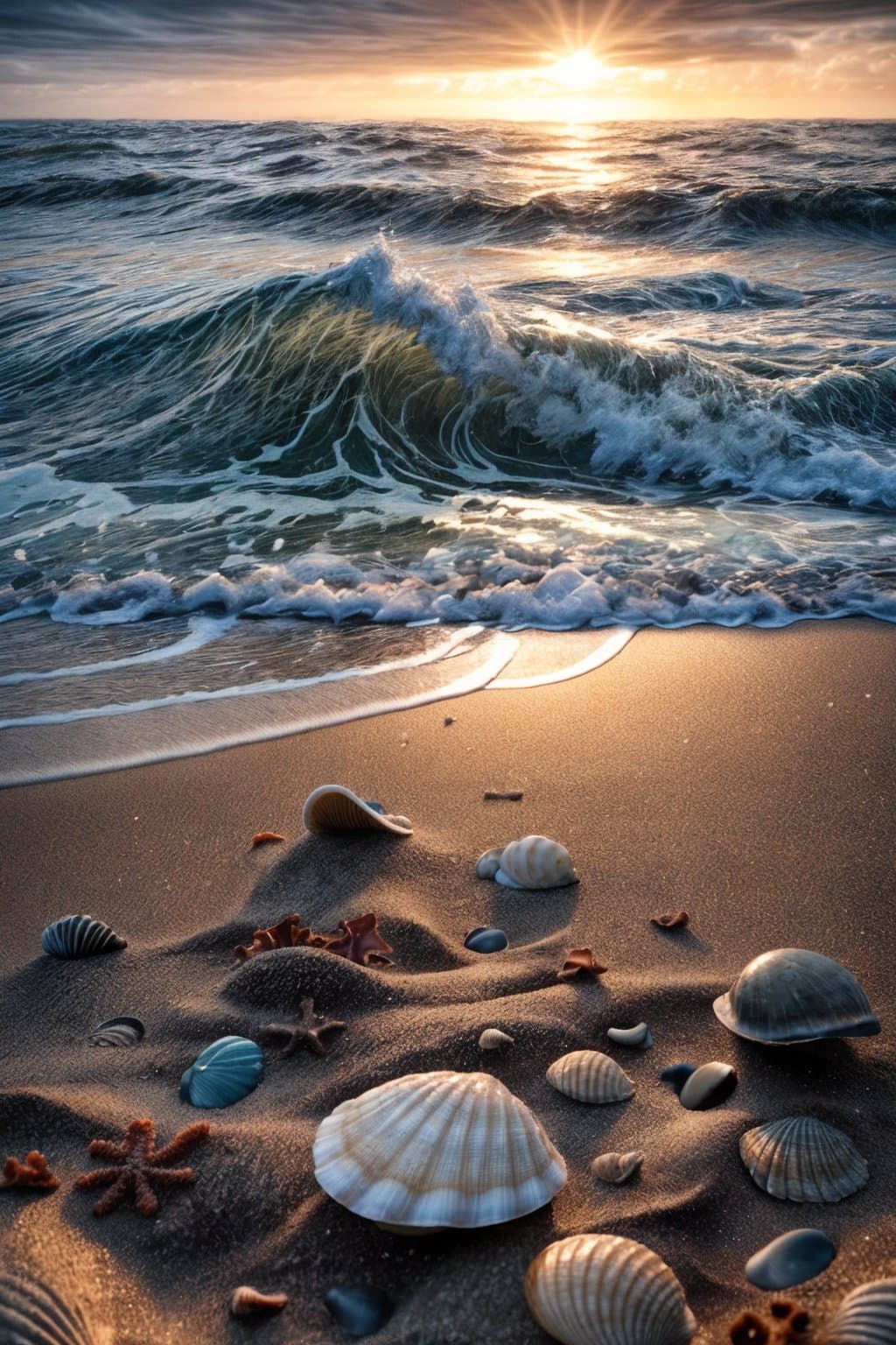 AI generated: 200 mm macro lens photo of sea bed, sand and pebbles under most beautiful stormy waves, sea shells a...