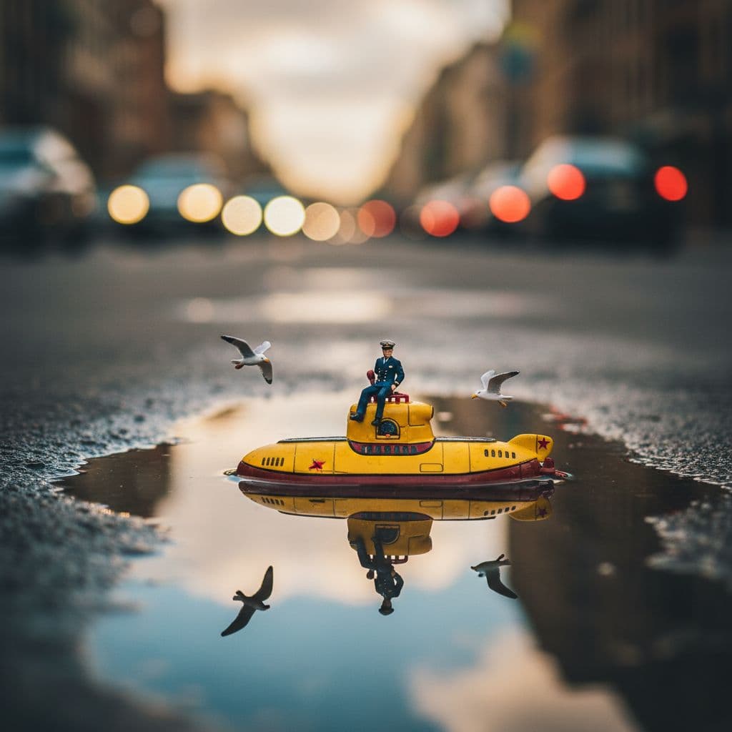 AI generated: Prompt: A whimsical miniature scene of a toy-sized yellow submarine floating in a puddle on a city s...