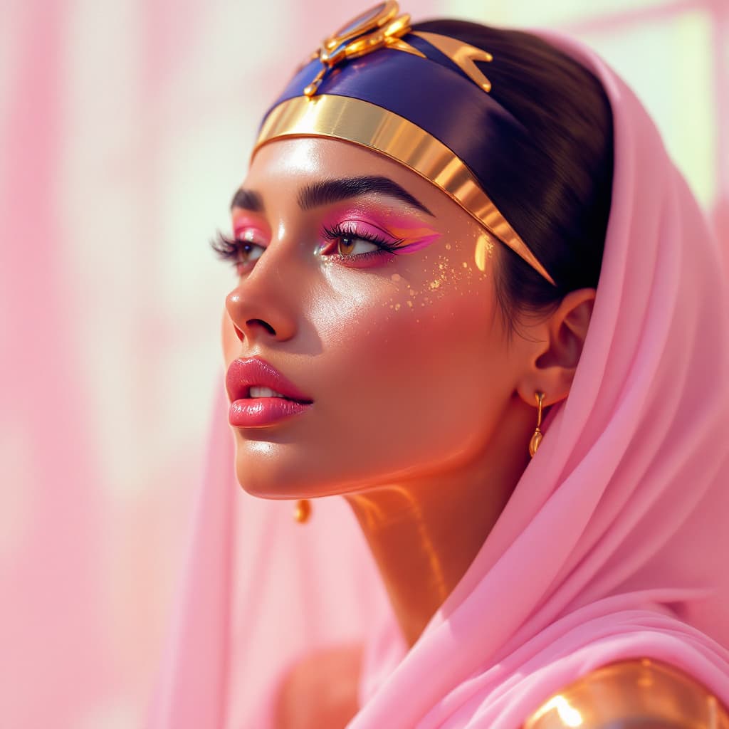 AI generated: an Egyptian woman, in the style of light amber and pink, blurred imagery, shiny/glossy, melting, dru...