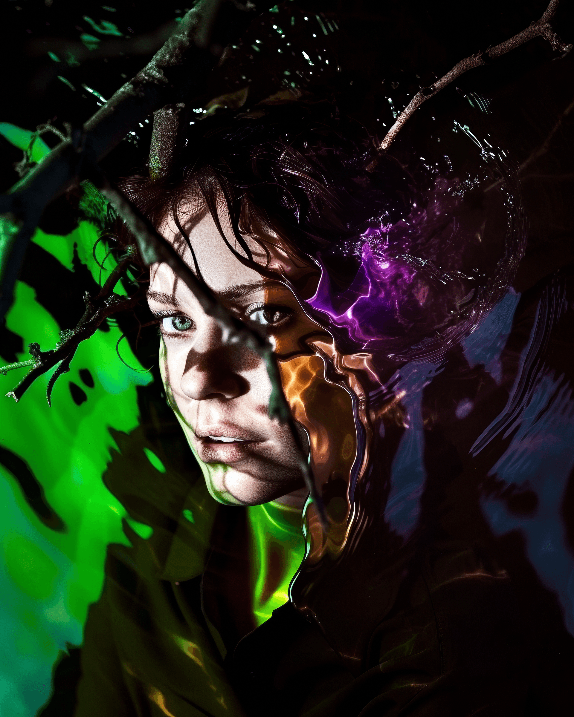 AI generated: A gorgeous woman who is part of the woods, surrounded and melting, emerging from the trees. --sref h...