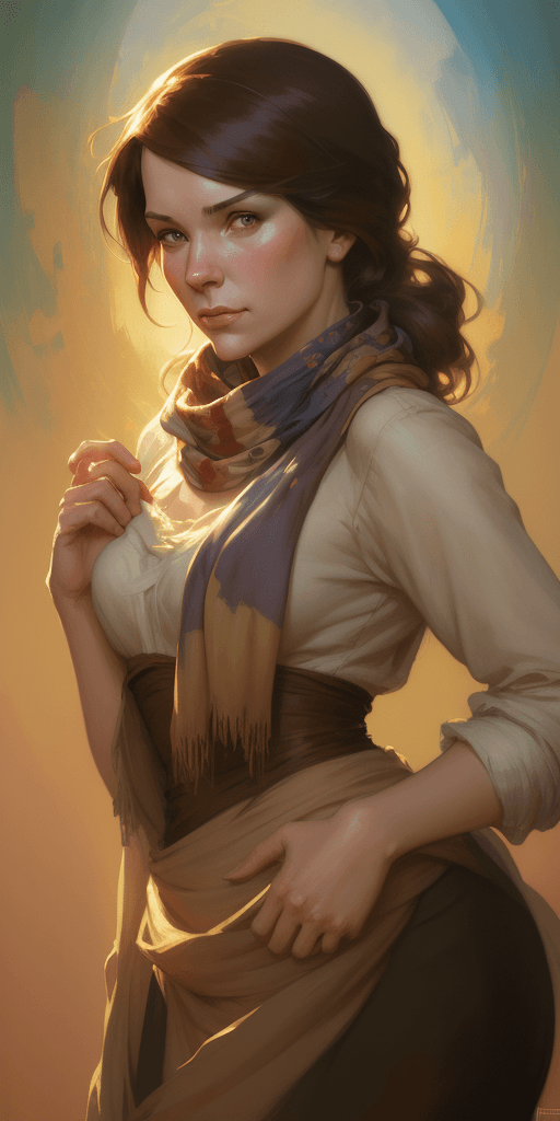 AI generated: a painting of a woman with a scarf on her neck, craig mullins alphonse mucha, artgerm craig mullins,...