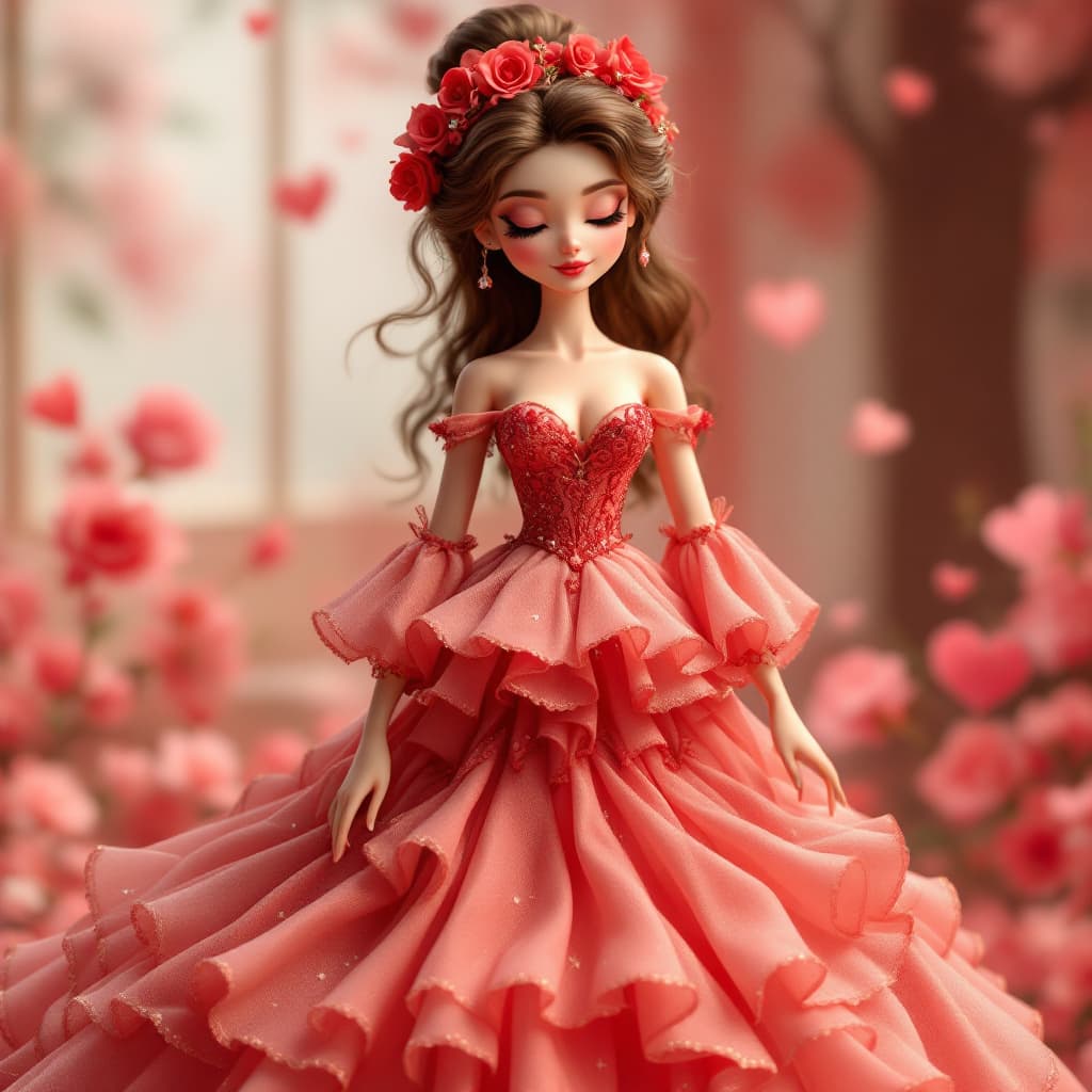 AI generated: woman, diesney enchanted princess big puffy gown, attractive, valentine, red, handdoll, Iranian, dan...