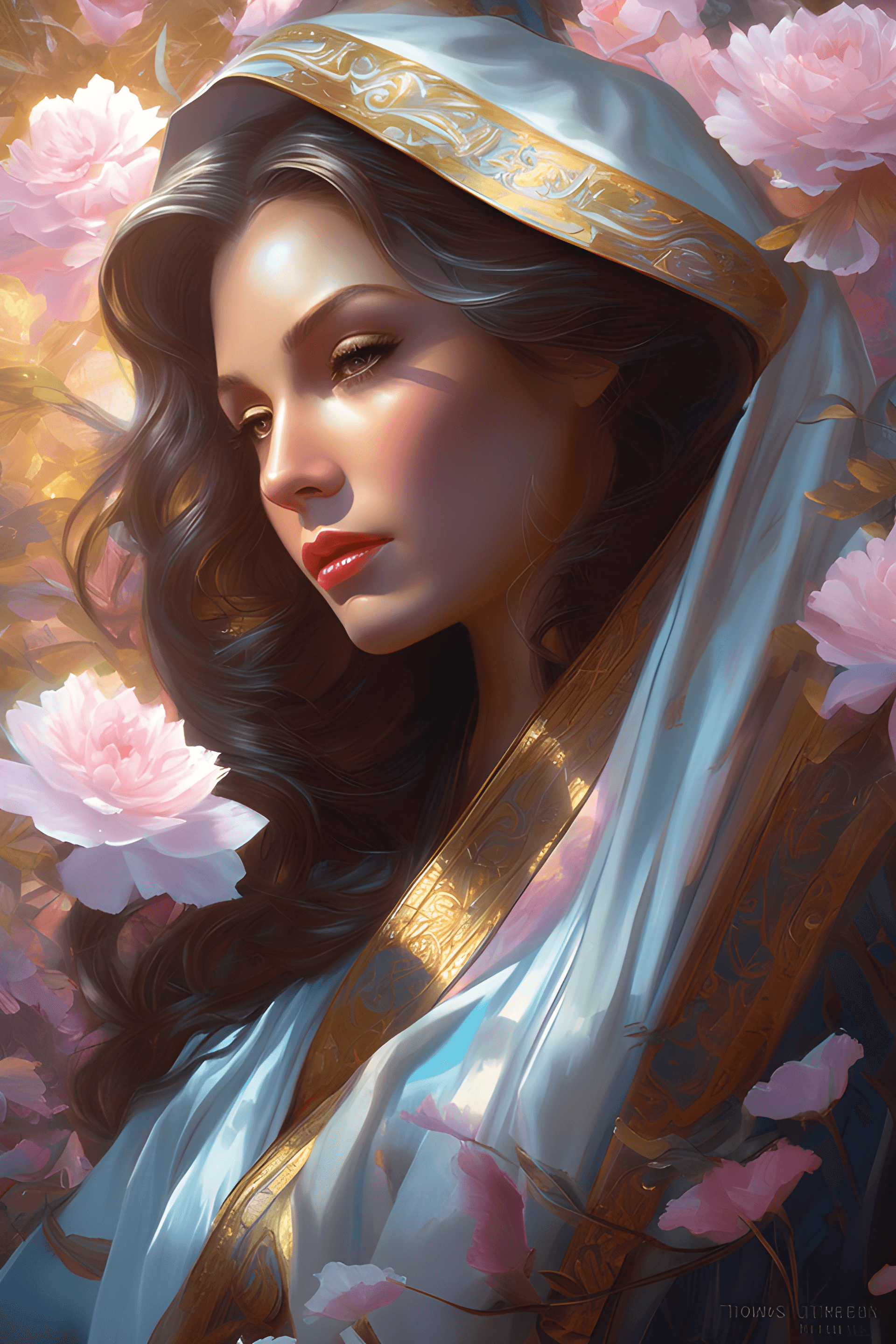 AI generated: Ultra detailed art, serene virgin in flowing silk robe, beautiful and defined face, head shoulder po...