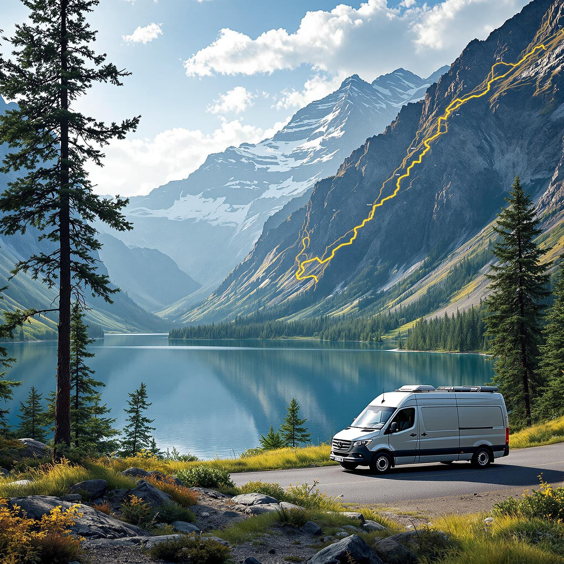 AI generated: A map with a highlighted scenic route and van parked by a lake. dslr, ultra quality, sharp focus, ta...