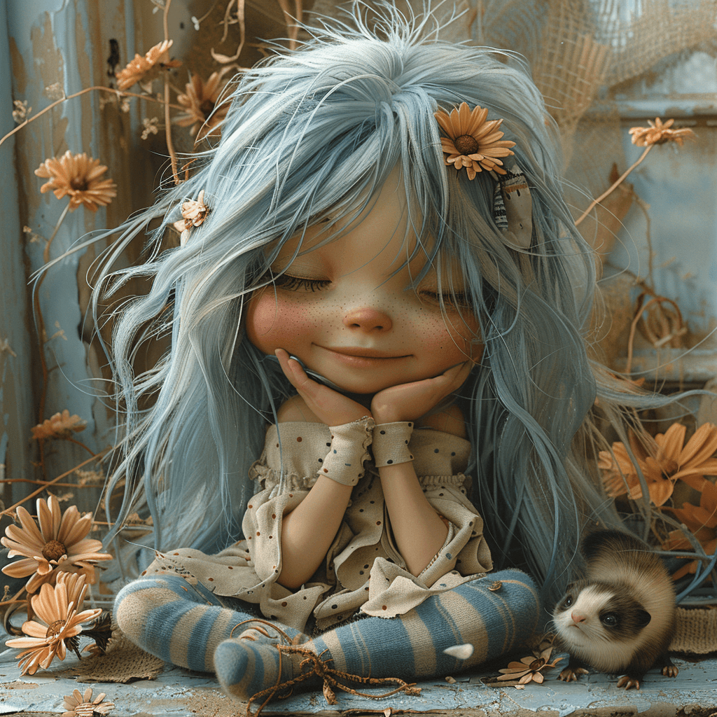 AI generated: A silly little troll girl with long messy pale blue hair, long eyelashes, small nose, cream bandana ...