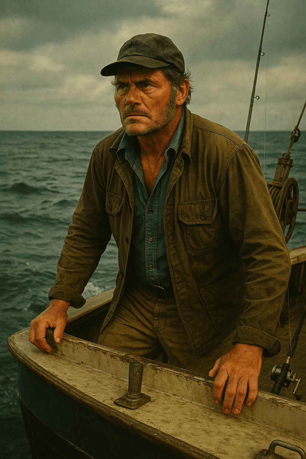 AI generated: Create an AI-generated illustration depicting a rugged, weathered shark hunter portrayed by Robert S...