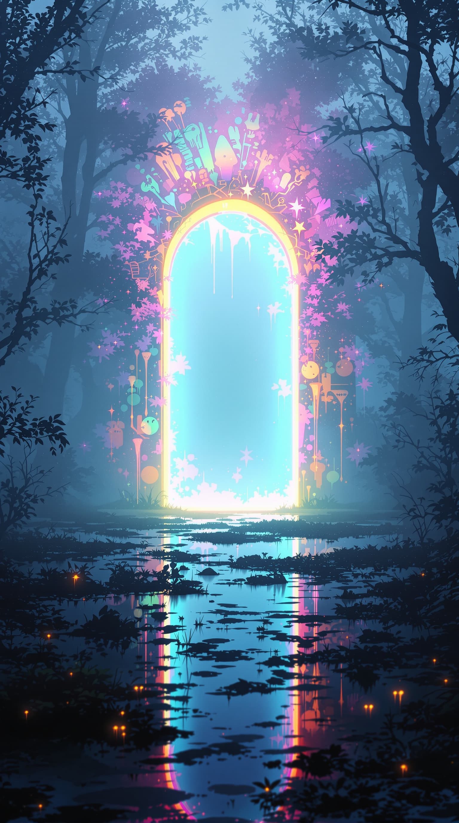 AI generated: foggy-evening-in-swamp-holographic-gate-pink-and-blue-and-orange-uminescent-translucent-ghostly