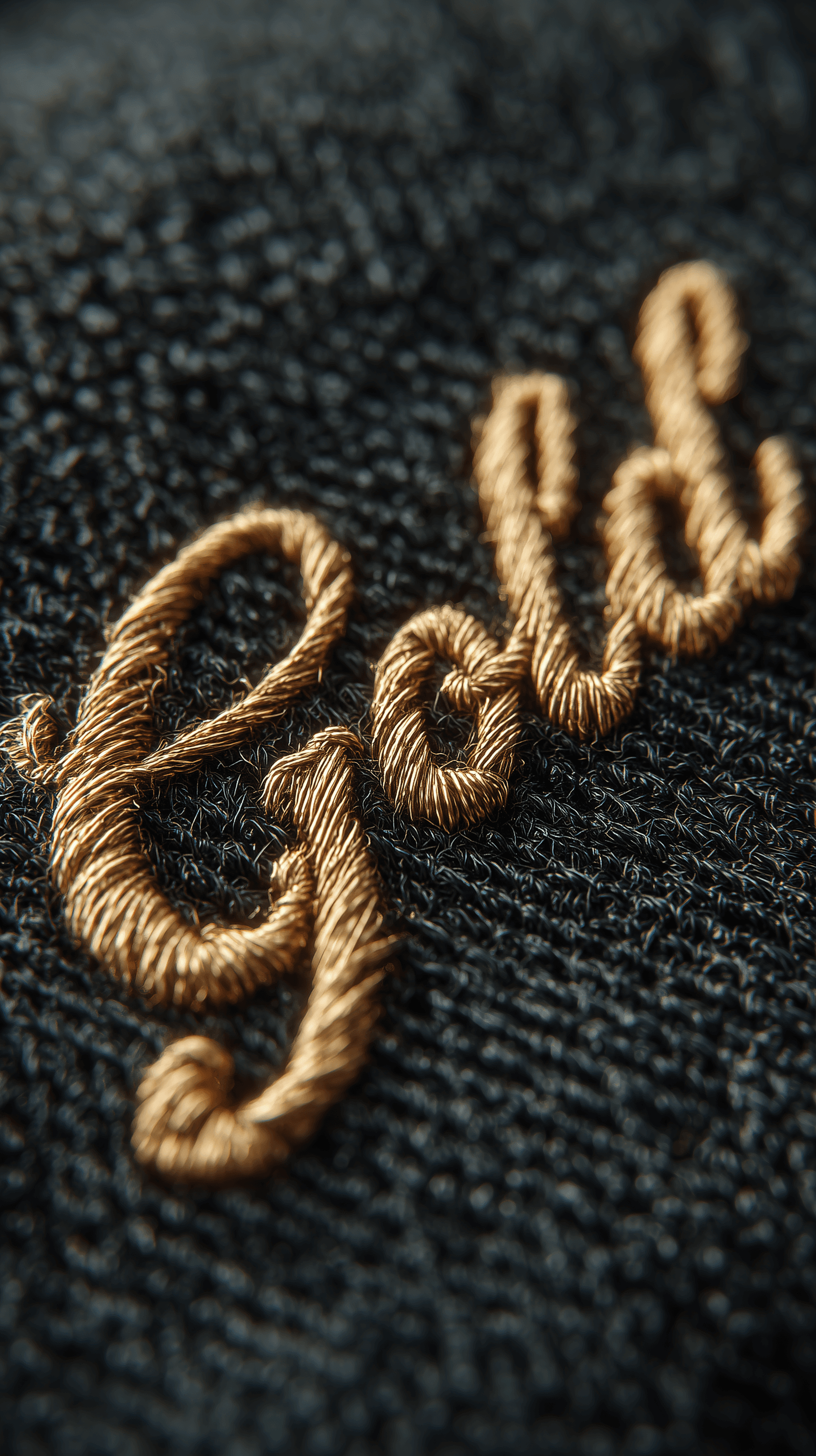 AI generated: photo realistic, gold threads lettering "Gold", on clean black fabric, crafted with thick, simplifie...