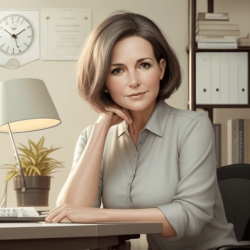 AI generated: hyper realistic photo, elegant 45 year old woman sitting at her desk in personal office, round face,...