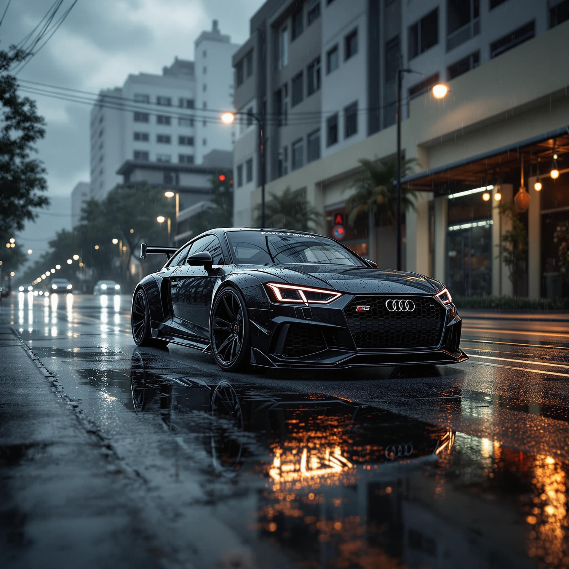 AI generated: A realistic illustration of a Black Audi RS2 in Joinville, Brazil. Noon time and Rainy weather. Ultr...