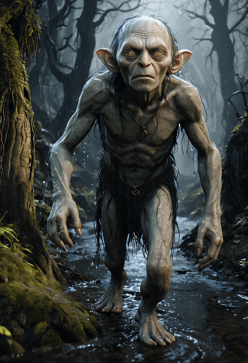 AI generated: glamour shot of Gollum,Lord of rings,John Tolkien,morbide,dark,very detailed,rendered in octane,wet,...