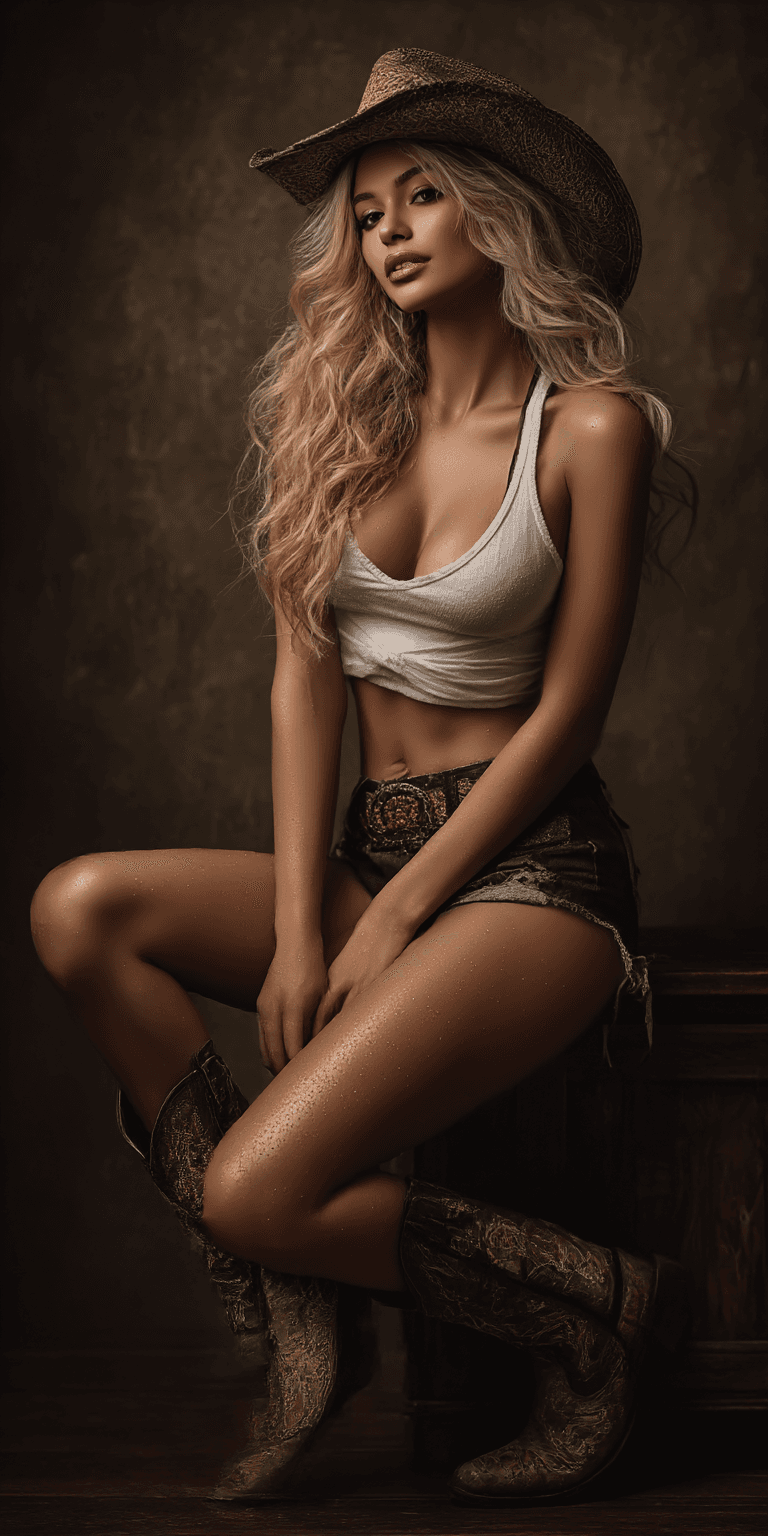 AI generated: A beautiful blonde woman in a cowboy hat and denim shorts, sitting on a wooden surface, studio photo...