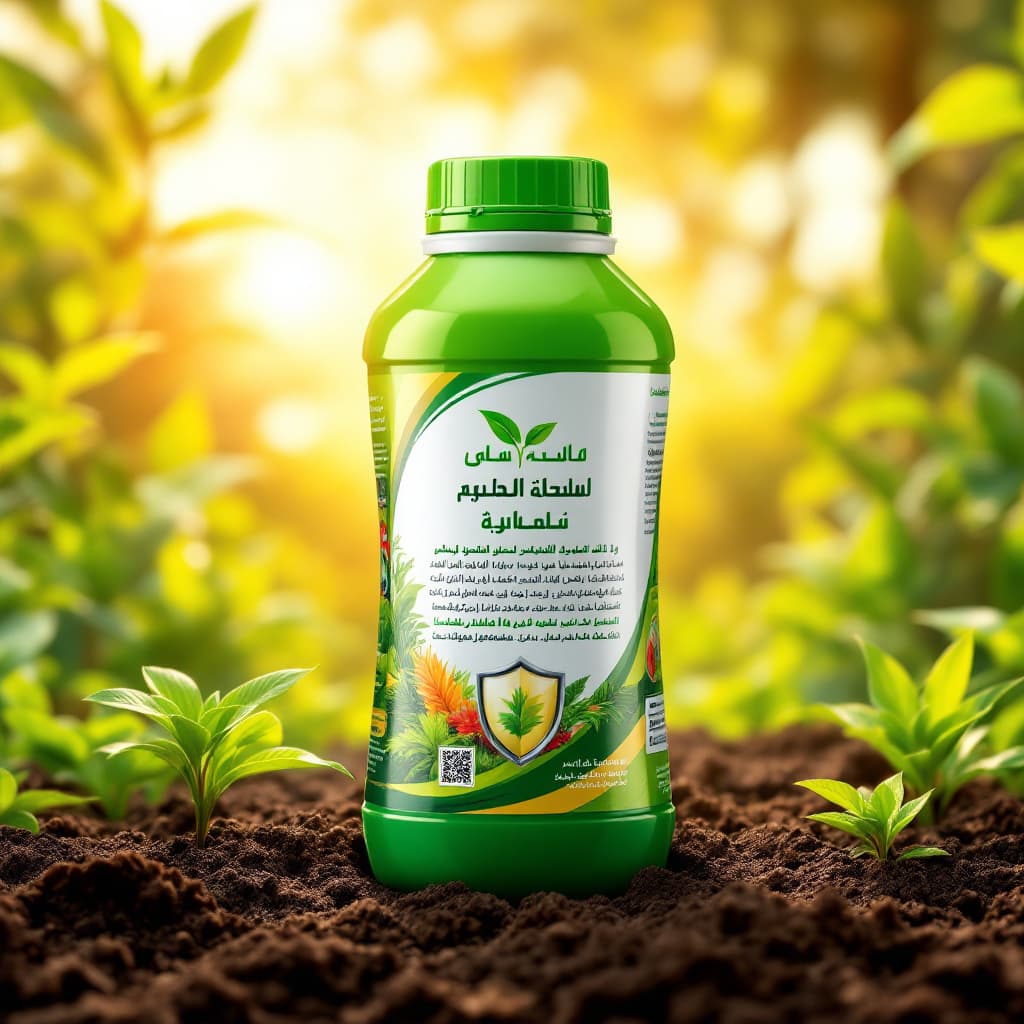 AI generated: Bottle of agricultural pesticide, vibrant promotional image.  Green-capped bottle of organic plant f...