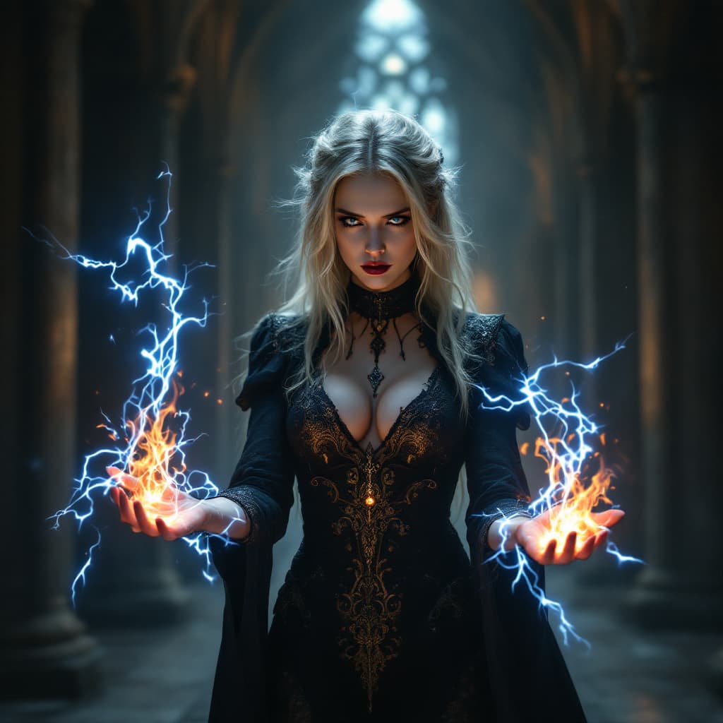 AI generated: In a breathtaking 8K wallpaper, dark fantasy gothic, young blonde mystique woman in a gothic cathedr...