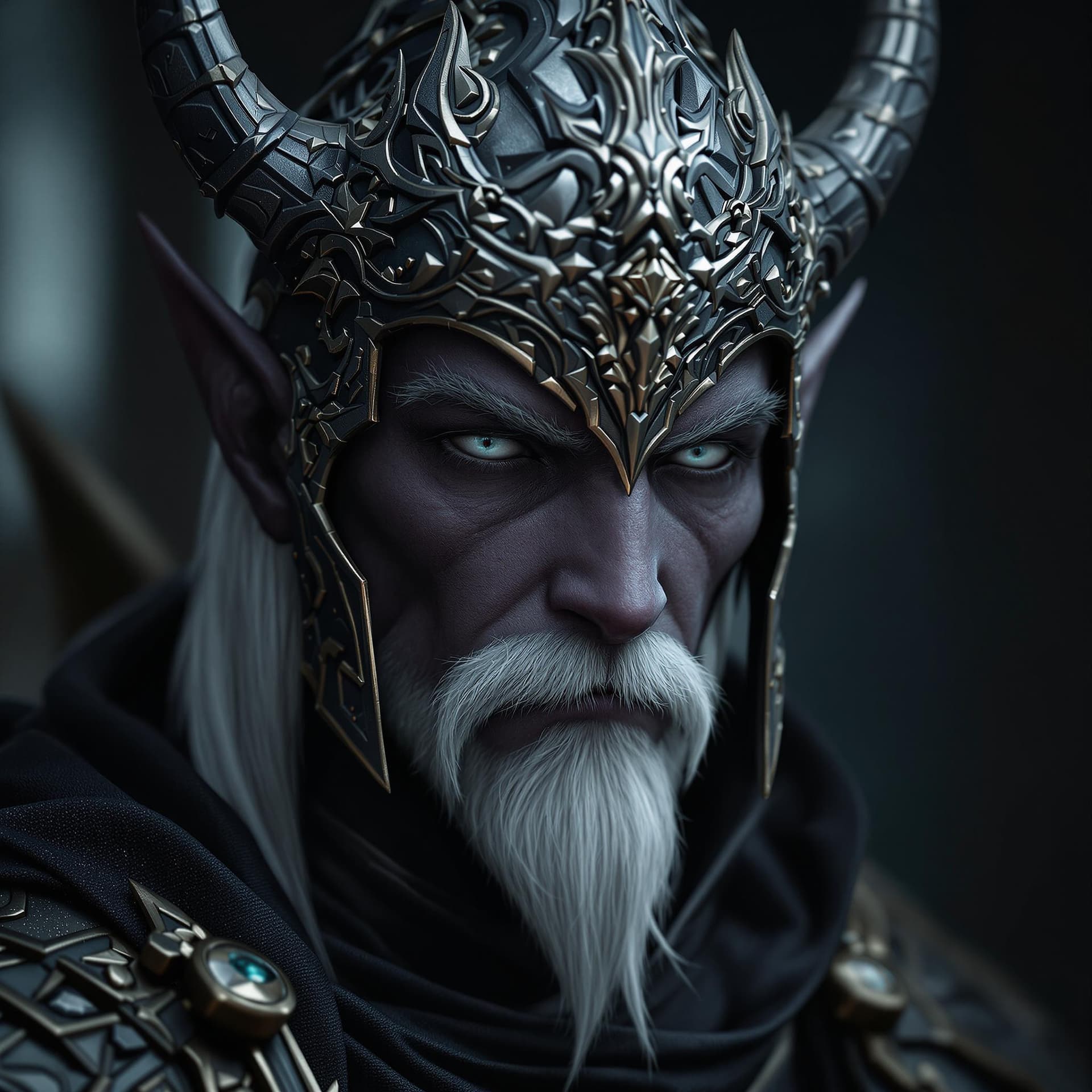 AI generated: photorealistic fantasy portrait male drow elf. handsome warrior, magic aura!!!, onyx skin!, strong f...