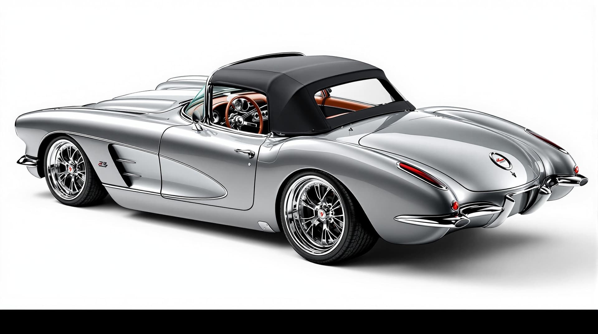 AI generated: Hyper realistic 1959 chevy corvette convertible, rear side top view, gray color, restomod with exhau...