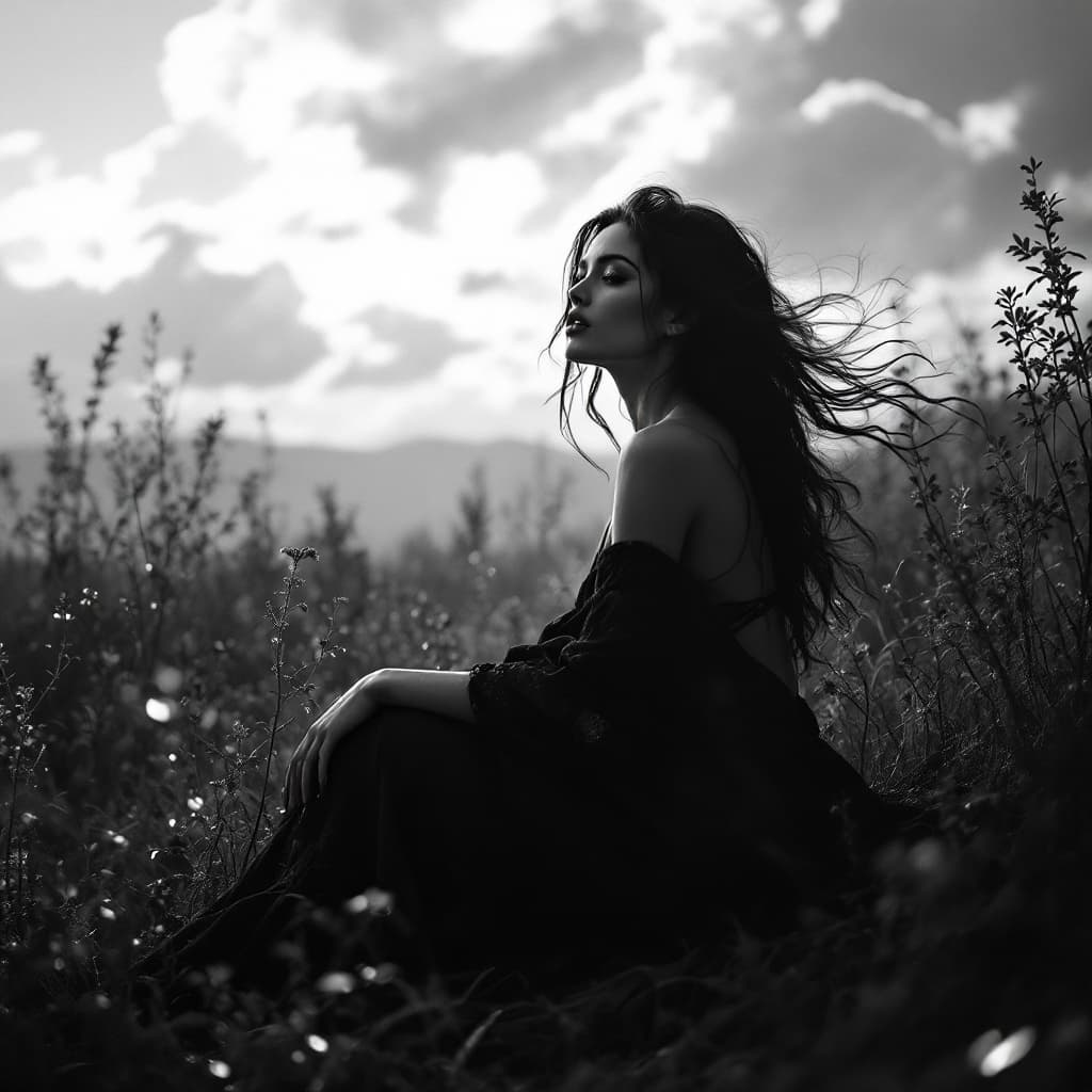 AI generated: black and white photography, fashion editorial, a portrait of beautiful darkhaired woman in nature s...