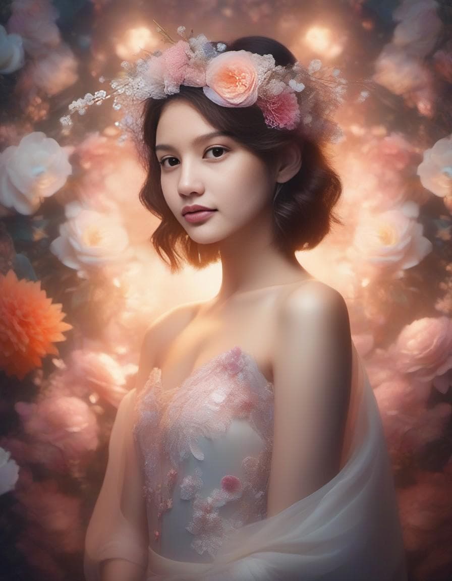 AI generated: fairy with flowers, pastel colors, extremely detailed, lights, glow, flowers