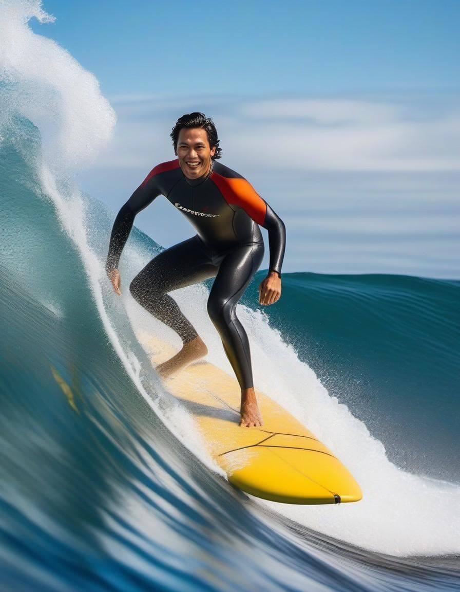 AI generated: The image features a man riding a wave on a surfboard. he is skillfully navigating the wave, showcas...