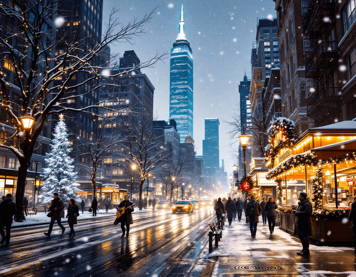 AI generated: A breathtaking winter evening in Downtown Manhattan as softly falling snow descends over the towerin...