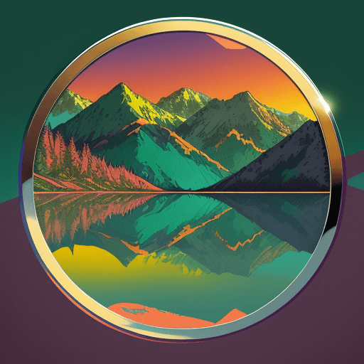 AI generated: 80s chrome and steel Retro Sunset, Mountain Lake scene, green, gold, illustration, inspired by James...
