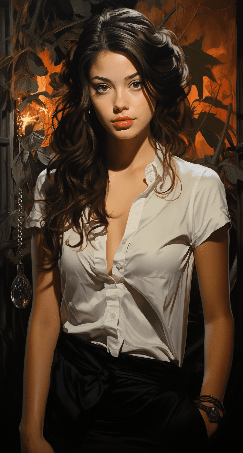 AI generated: an original work of art featuring a woman wearing earrings, in the style of rob hefferan, tropical s...
