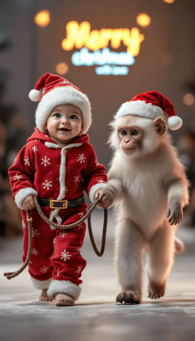 AI generated: A baby dressed in santa claus pajamas leads a pet manga white monkey on a leash while walking at a M...