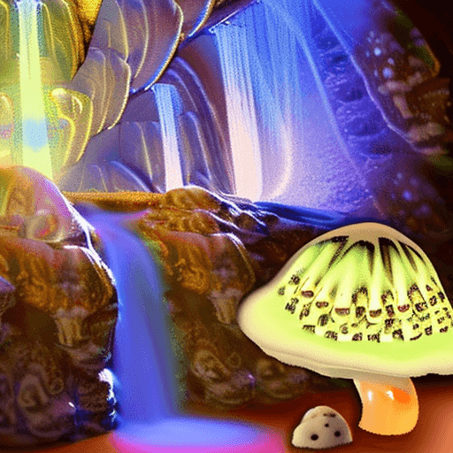 AI generated: photo of a castle in a cave, letter "A" in foreground made of water, glowing mushrooms, waterfall, l...