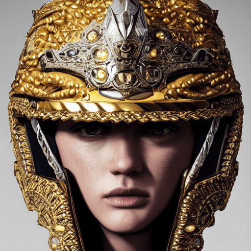 AI generated: dramatic portrait of a pekka, wearing a helmet and jewelry, finely detailed, intricate design, beaut...