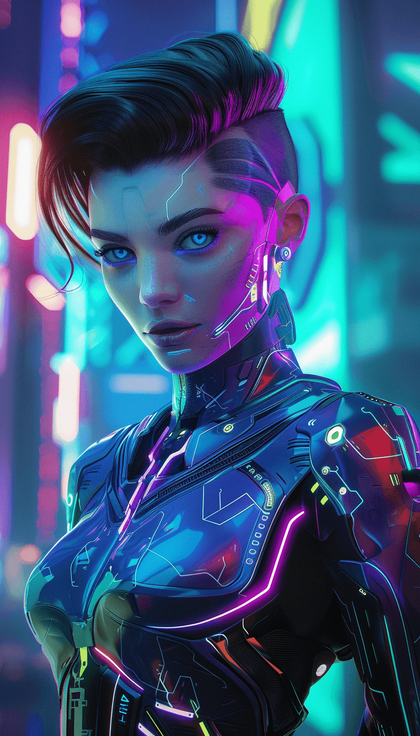 AI generated: A digital illustration of a woman character in a futuristic sci-fi environment. She has short, shiny...